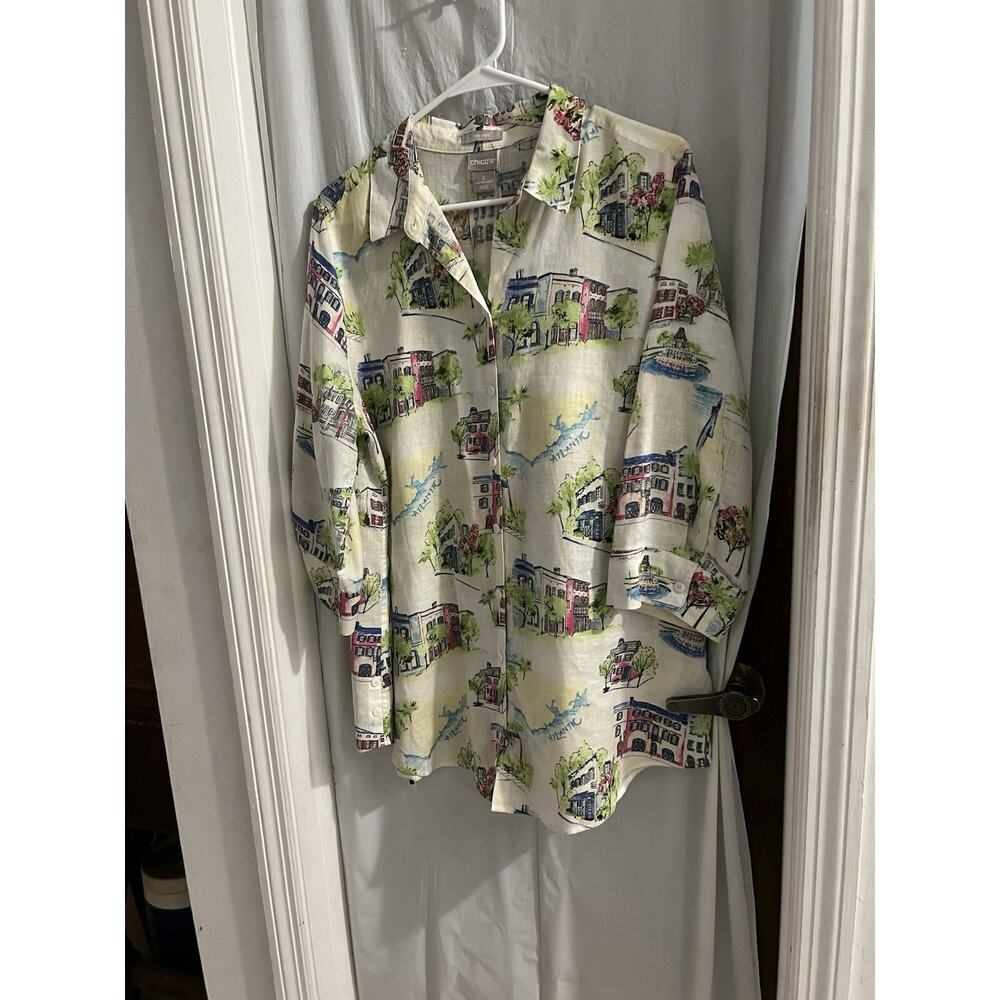 Chicos No Iron French Quarter Travel Linen Button Up Blouse Sz 2-12/14